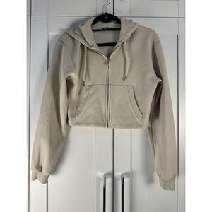 ZARA Beige Full Zip Cropped Hoodie Cotton Blend Women's Size M Long Sleeve
